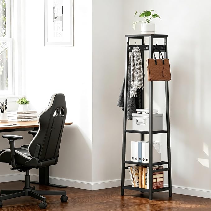 Coat Rack Freestanding, Coat Stand with 3 Shelves and 7 Hooks, Hall Tree Free Standing, Clothes Rack Stand Organizer for Bedroom, Hallway, Entryway, Living Room, Industrial Style, Black