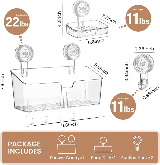 LUXEAR Suction Cup Shower Caddy Clear - Shower Caddy+Soap Dish+Suction Hooks - 1 Second Installation NO-Drilling Removable Powerful Waterproof Shower Organizer for inside Shower Bathroom
