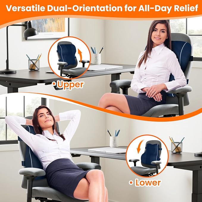 CloudBliss Ergonomic Lumbar Support Pillow – Memory Foam for Lower Back Pain Relief, Adjustable Straps & Mesh Cover for Office, Gaming, Car & Home Essentials (Blue)