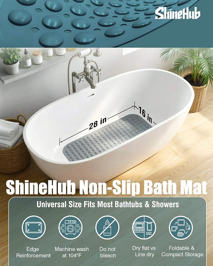 Non Slip TPE Bath Mat, Heavy Non Floating Shower Mat, 28x16, Gray | Strong grip, 166 suctions, 144 drains, 7mm extra-thick cushioned layer, washable, for bathroom shower tub floor