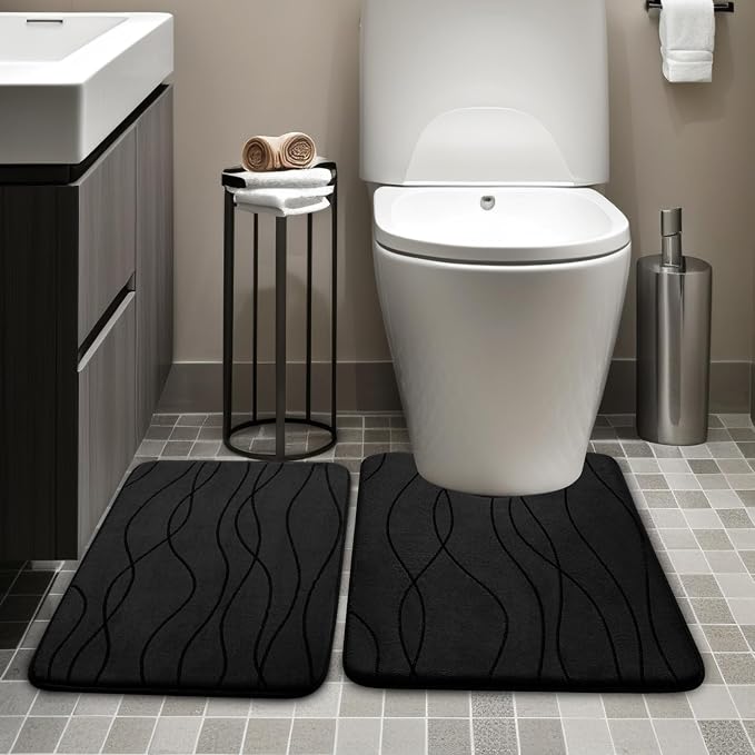 YIHOUSE Memory Foam Bathroom Rug Sets, Black, 2 Piece-U Shape & Small Mat | Ultra Soft, Absorbent, Non-Slip, Machine Washable