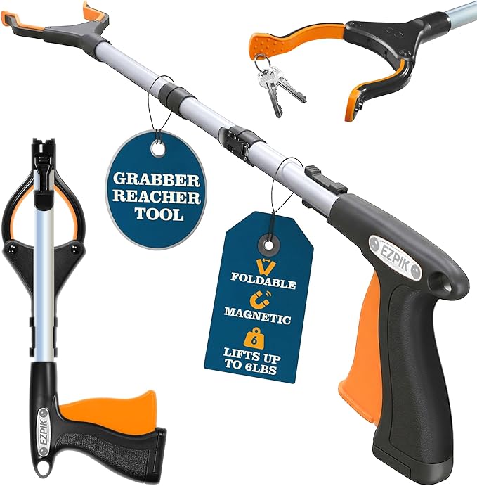 EZPIK Pro 36" Flexible Folding Grabber Tool for Elderly + Magnets, Reacher for Disabled & Seniors Heavy Duty Rotating Grippers for Reaching Underneath, Trash Grabbers & Dressing Stick
