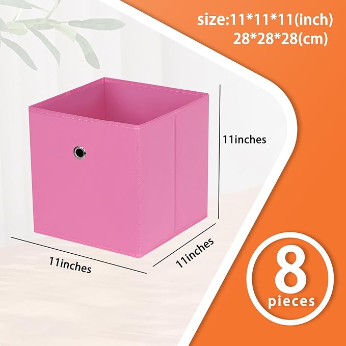 Foldable Storage Cubes Bins ,11 Inch Cloth Storage Cube Fabric Storage Box Cubes Organizer Baskets with Dual Handles for Home Organizer Set of 8 (Pink)