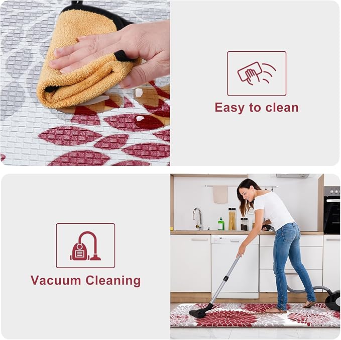 KIMODE Anti Fatigue Kitchen Mat 17.3"x29", Farmhouse Dahlia Padded Kitchen Floor Mats Non Slip, Waterproof Kitchen Mat for Floor, Comfort Standing for Laundry, Office, Sink, Desk Red and Grey