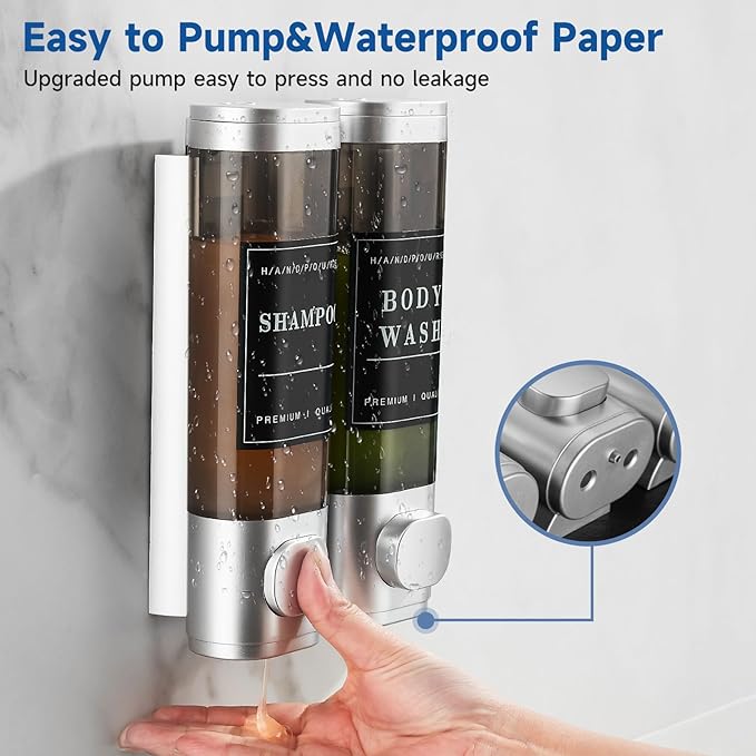 Shampoo and Conditioner Dispenser,Unisence Shower Dispenser 2 Chamber No Drill Wall-Mounted Shampoo Dispenser for Shower Wall Mounted Body Wash Dispenser for Bathroom Hotel Large Capacity,Silver