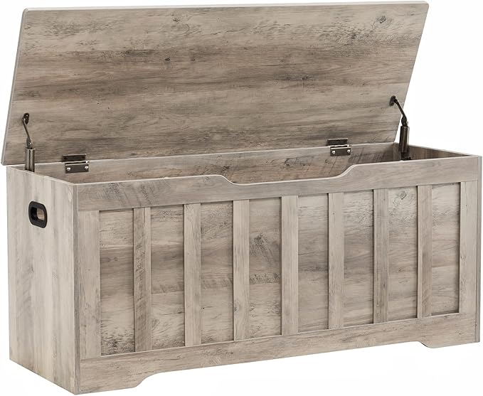 VANKILEY 43.3" Storage Chest Extra Large,Storage Trunk with 2 Safety Hinges,Wooden Storage Bench,Shoe Bench,43.3x15.7x19.1 Inch,Easy Assembly,Storage Bench for Bedroom,Living Room,entryway(Greige).