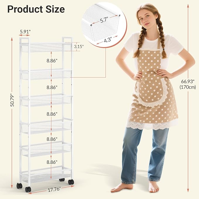 ThreeHio 6 Tier Slim Storage Cart, Narrow Cart with Wheels, Metal Mobile Shelving Unit Organizer for Bathroom, Kitchen, Laundry Room, Living Room & Narrow Spaces, White, 6in(W)