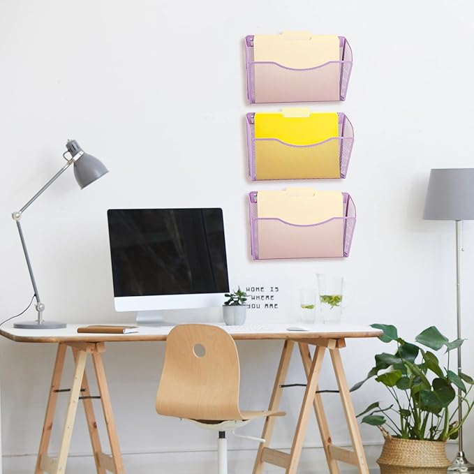 EASEPRES 3 Single Pocket Mesh Hanging File Organizer, Vertical Wall Mounted Magazine File Holder, Mount Basket Mail Paper Document Folder Organizing for Office, Home and School, Light Purple