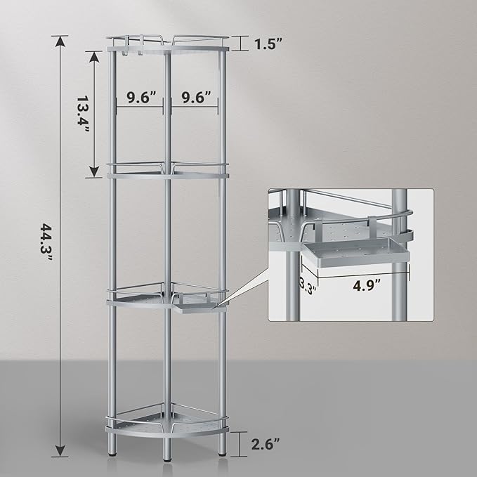 ELYKEN Corner Shower Caddy Standing, 4 Tier Rustproof Metal Shower Organizer with Soap Holder, Floor Shower Corner Shelf Rack Storage Stands with Adjustable Feet & 2 Hooks for Bathroom, Silver