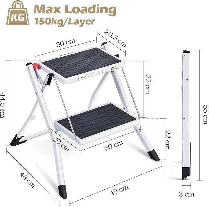 KINGRACK Folding Step Ladder, 2 Step Foldable Step Stool, Portable Stepladder with Handle, Non-Slip Rubber Mat, Release Button, Small Household Stepping Stool for Home Kitchen, for up to 330lbs, White