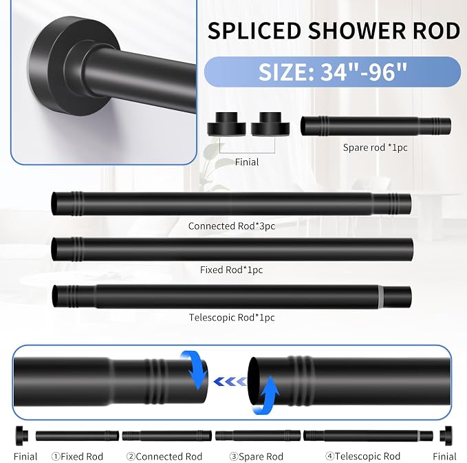 Black Shower Curtain Rod 34-96 Inches(2.8-8ft) Never Rust Adjustable Shower Rod Spring Tension Non Slip No Drilling Shower Rods for Bathroom Garland Window