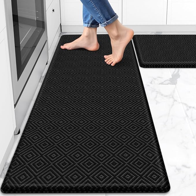 Mattitude Kitchen Mat 2PCS Kitchen Rugs Cushioned Anti-Fatigue Rug Waterproof Standing Desk Mat Kitchen Mats for Floor Kitchen Rug Set for Kitchen, Sink, Office 17.3"×30"+17.3"×47"-0.47inch Black