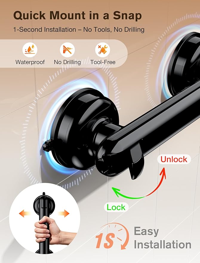 Grab Bars for Bathtubs and Showers, Shower Handles for the Elderly and People in Need, 2026 Upgraded Rubber Suction Cup with Maximum 350 lbs Suction Power, No Drilling-(Black-2 Pack)