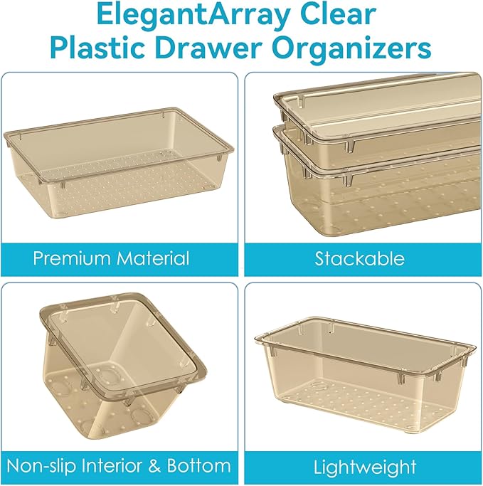ElegantArray 12 PCS Drawer Organizer Set, 4 Sizes Tool Storage Trays, Clear Plastic Makeup Vanity Organizer and Storage Bins for Stationeries, Multiple Gadgets for Office, Bedroom, Champagne