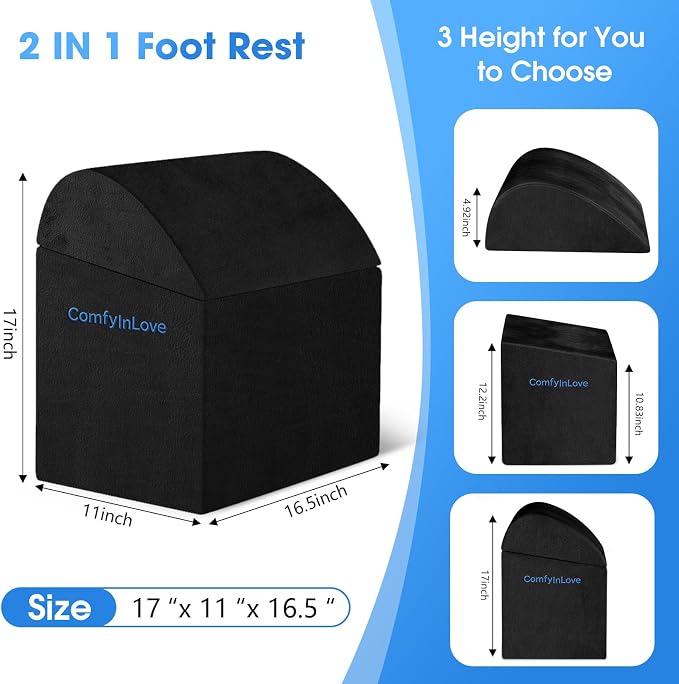 Foot Rest for Under Desk at Work - Non-Slip Foot Stool with 3 Adjustable Heights, Ergonomic Under Desk Footrest with Washable Cover for Leg Elevation, Desk, Home, Office, Car (Black)