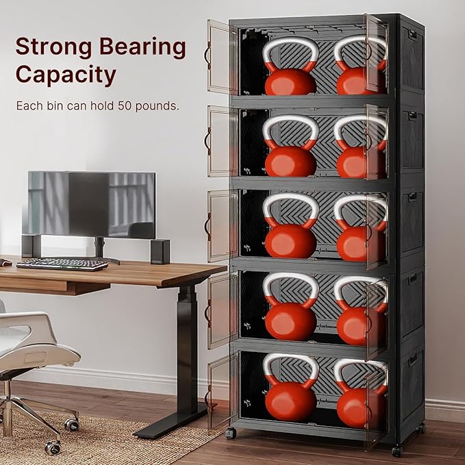 UAMFURI Stackable Storage Bins with Lids & Wheels & Door, Foldable Collapsible Closet Organizers, Extra Large Plastic Storage Drawers for Bedroom Dorm Office Garage (Dark-112QT, 5Pack with 1 top lid)