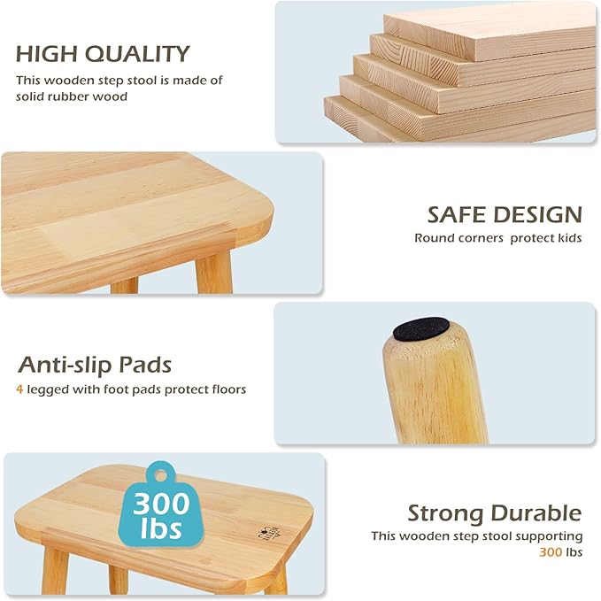 BEE&OAK 13.4 Inch Heavy Duty Wooden Step Stools for Adults - Non Slip, 300 LBS Capacity, Easy Assembly - Ideal Step Stool for High Beds, Kitchen, Bathroom, Office, Garden (Natural)