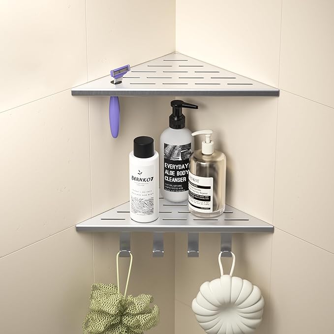Corner Shower Shelf w/Hooks, Grout in Bathroom Shelves for Tiled Wall, 304 Stainless Steel Recessed Shower Shelf (Brushed, 10''-2pcs)
