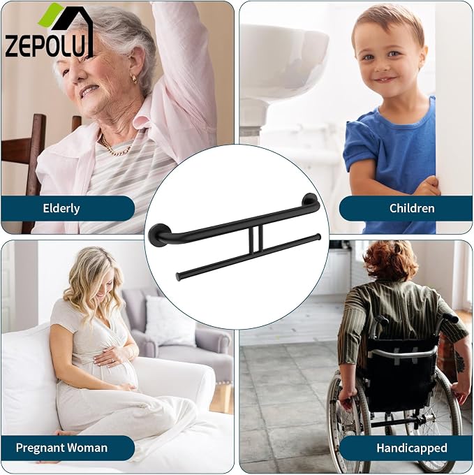 24 inch Black Grab Bar w/Double Roll Toilet Paper Holder, Zepolu 2-in-1 Safety Assist Bar Balanced Support Handle, Stainless Steel Wall Mounted Bathroom Toilet Grab Bar for Senior Elderly Handicap
