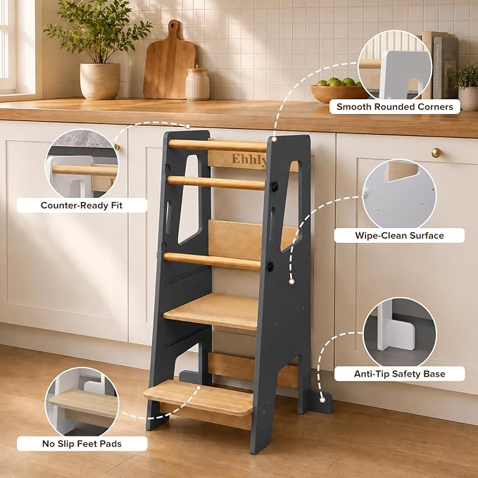 EHHLY Toddler Standing Tower Kitchen Helper – Extra Safe Adjustable 3-Level Learning Tower, Stable Wooden Toddler Kitchen Stool and Step Stool for Independent Learning (Gray)