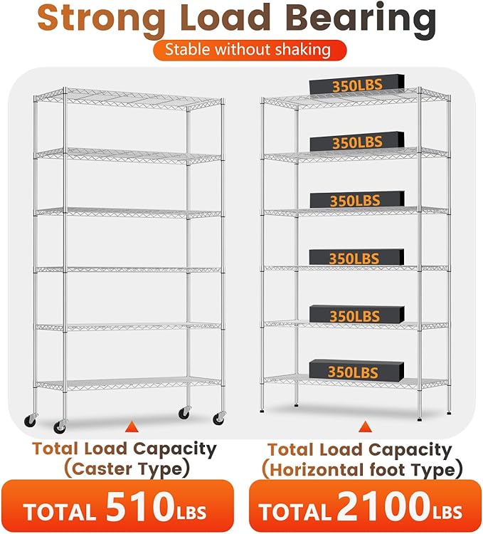 BestOffice | 6-Tier Wire Storage Shelves with Wheels | 18x45x82 | Chrome | Adjustable Racks | Heavy-Duty Metal Shelf, Holds Upto 2100 lbs | No-Tool Assembly | Ideal for Home & Garage Shelving