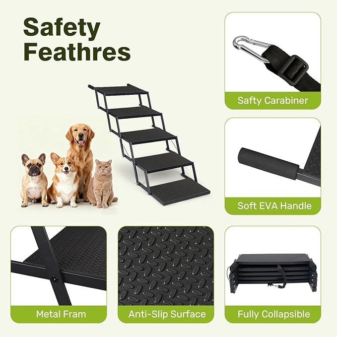 Foldable Dog Car Steps - Upgraded Non-Slip Pet Stairs for Large Dogs, Portable Metal Frame Dog Ramps for High SUV, Truck and Cars, Lightweight Pet Ladder with High Load-Bearing Capacity (5 Steps)