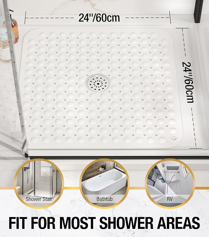 HITSLAM Shower Bathtub Mat Non Slip, 24"x 24" Bath Mat for Tub, Soft PVC Shower Mats for Inside Shower with Suction Cups and Center Drain Hole, Machine Washable Bathroom Floor Mat, White