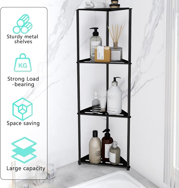 Standing Corner Shower Caddy, 4 Tier Stainless Steel Organizer Stand, Rustproof Shelves for Inside Shower, Black