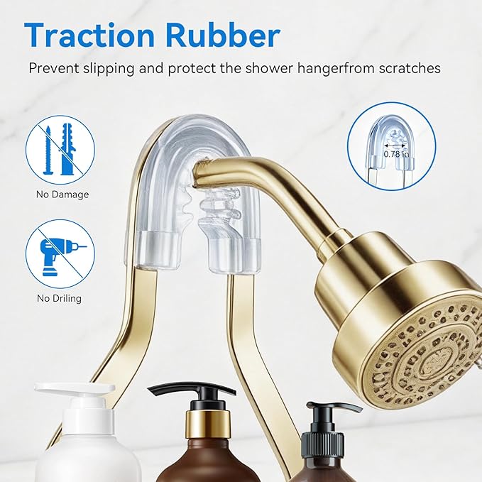 Shower Caddy Hanging, Over Head Shower Caddy Shower Storage Rack Basket with Hooks for Razor and Sponge Rustproof, No Drilling, Accessories for Bathroom and Kitchen, Gold