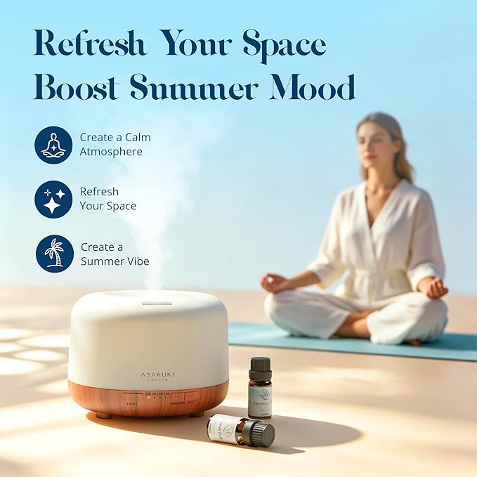 Summer Essential Oils Set for Diffuser, ASAKUKI Tropical Home Fragrance Oils for Women, Beach-Inspired Aromatherapy Diffuser Oils for Bedroom, Bathroom & Living Room
