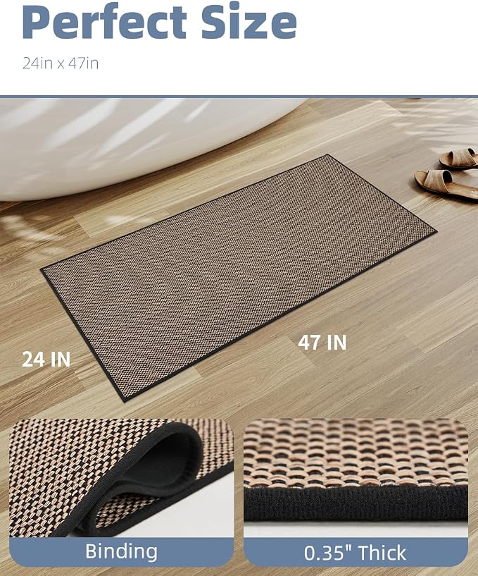PADOOR Non-Slip Bath-Mats, Rubber-Backing Braided Absorbent Mats, Machine Washable Thin Bath Rugs Fit Under Door, Quick Dry for Bathroom Floor, 24x47 Black