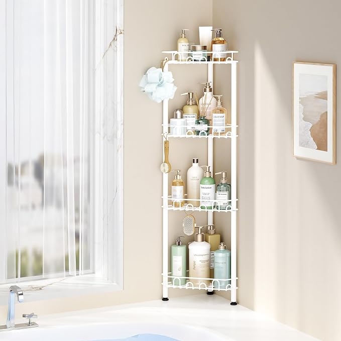 SWTYMIKI Standing Shower Caddy Corner - 4‑Tier Stainless Steel Shower Organizer Shelf with 16 Hooks and Adhesive Pads, Rustproof Corner Shelves Stand Rack for Bathroom Shower Room, white