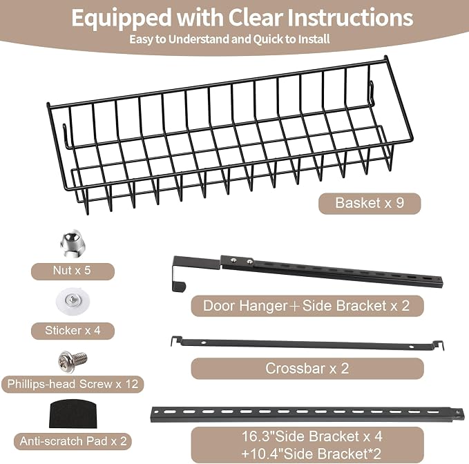 ElegantArray 9-Tier Pantry Door Oragnizer, Over The Door Pantry Organizer Rack and Storage, Hanging Spice Rack Shelves Door, Home Office Laundry Room Bathroom & Kitchen Organization, Black