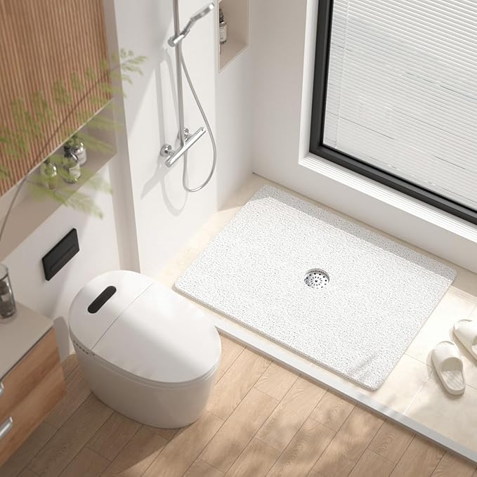 HITSLAM Shower Mat, 32 x 24 Inch Non Slip Bath Mat for Tub, Soft PVC Loofah Bathtub Mats with Drain Holes, Quick Drying Bathroom Stall Floor Mat, Bathroom Accessories Without Suction Cup, White
