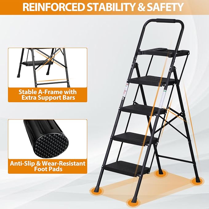 ZENY 4 Step Ladder, Folding Step Stool for Adults, Portable Steel Ladder with Tool Platform, Wide Anti-Slip Pedal, Safety Locking, Lightweight (Black)