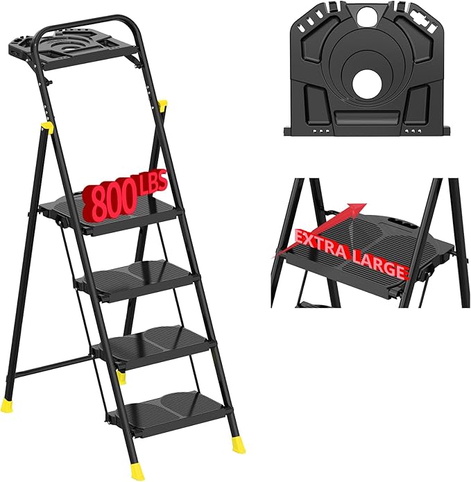 4 Step Foldable Step Ladder with Roomy Tool Tray, Platform Ladders Stepstools, Step Stool 4 Step Folding with Wide Non-Slip Pedals and 800lbs Bearing Capacity for Adults, Home, Kitchen, Black Yellow