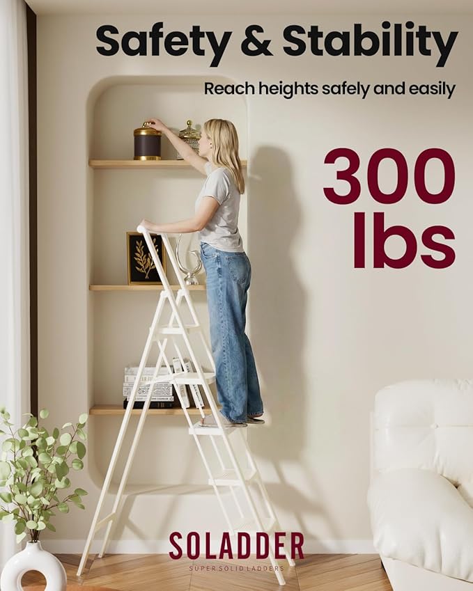 SOLADDER 5 Step Ladder, Folding Step Stool, White Foldable Iron Ladder for 10 Foot High Ceiling with Anti-Slip Wide Sturdy Pedal and Handgrip, Multi-Use for Home (300 lbs Capacity)
