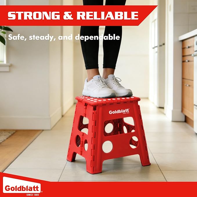 Goldblatt 12.5" Folding Step Stool 1-Pack for Adults and Kids, Lightweight Heavy-Duty Plastic Portable Foldable Stool with Non-Slip Top and Anti-Skid Feet, 300 lbs Capacity, Kitchen & Bathroom, Red