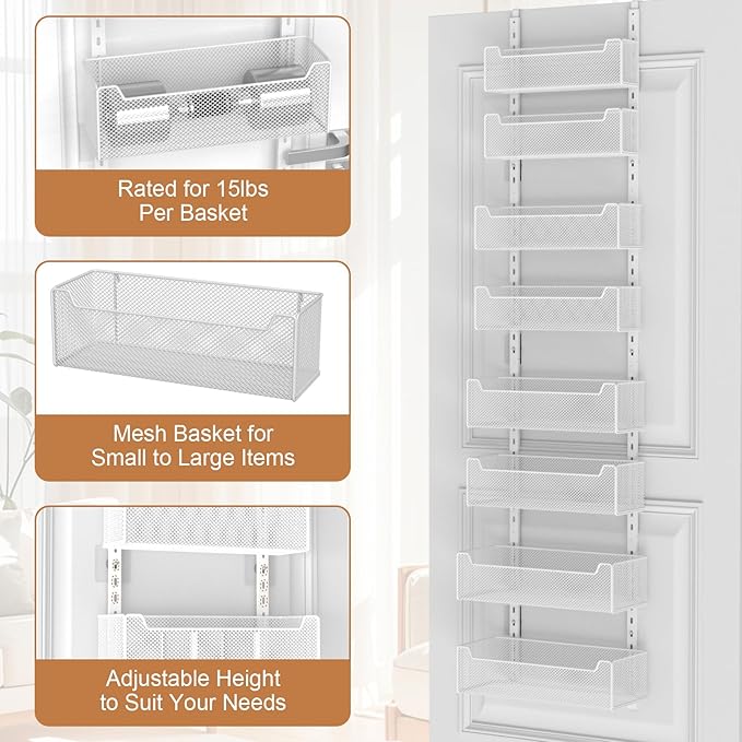 VyGrow Over The Door Organizer, 8-tier Metal Door Organizer Hanging with Adjustable Baskets, Behind The Door Storage for Bedroom Closet Bathroom Pantry Cabinet Kitchen, White