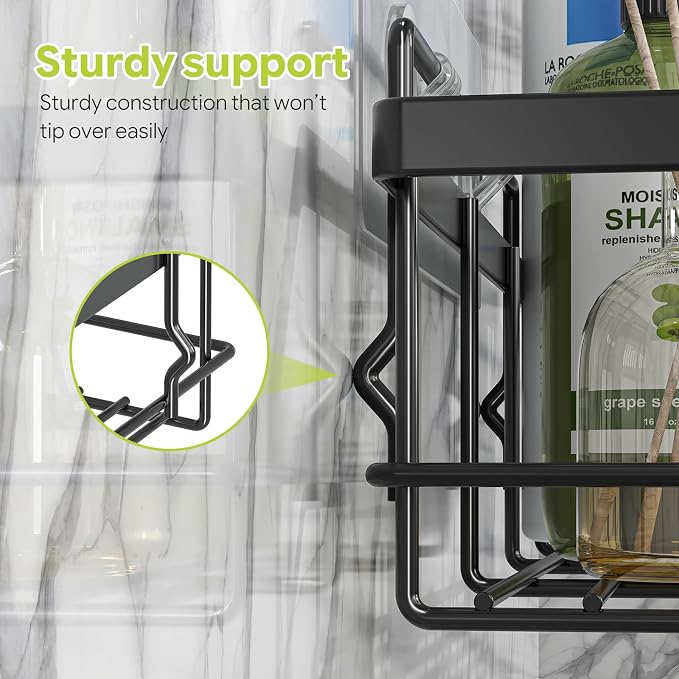 Simple Trending Adhesive Shower Caddy, 5-Pack Large Capacity Shower Shelves with Soap Dish Toothbrush Holder & Hooks, No Drilling Bathroom Organizer and Storage for Home Decor, Black