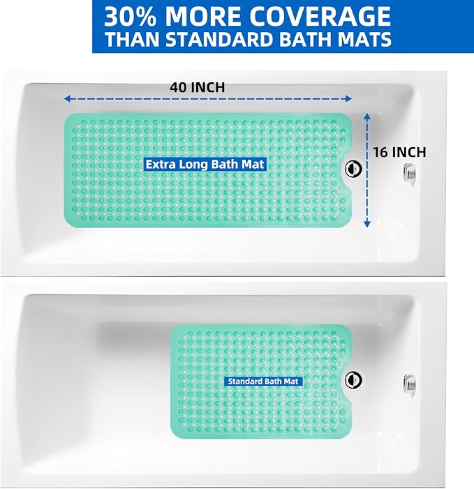 ZHICHENG Bath Tub and Shower Mats, Non-Slip 39 x 16 Inch Extra Long Bath Mat, Machine Washable Bathtub Mat with Drain Holes, Suction Cups for Bathroom (Colour Green)