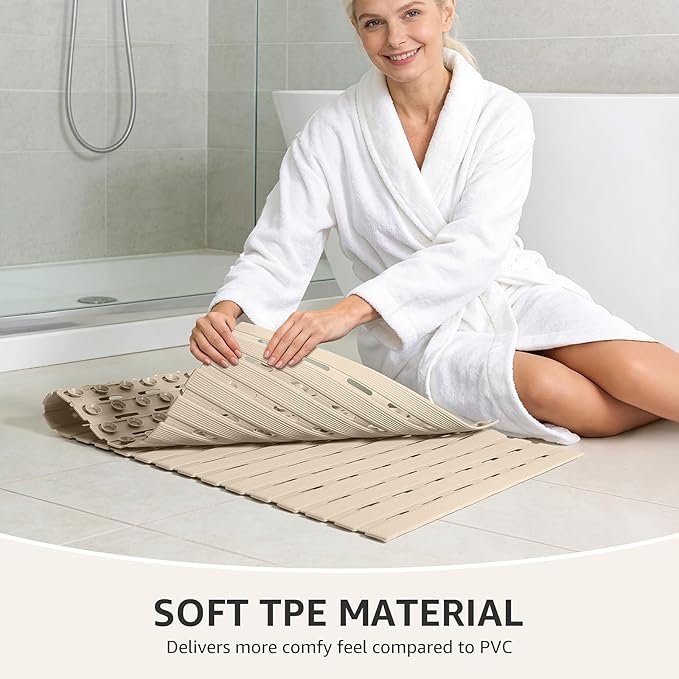 OTHWAY Non Slip Shower Mat, 36.6" x 16.9" Non Slip Shower Mats for Inside Shower, Shower Anti Slip Mat with Suction Cups, Easy to Cut Shower Floor Mat, Machine Washable Bathtub Mats, Light Brown