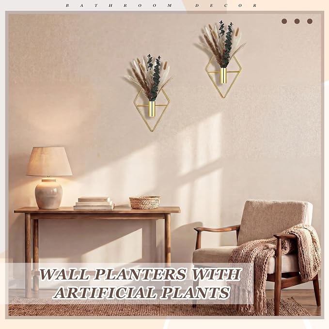 Jexine 4 Pcs Hanging Planters with Artificial Pampas Grass Metal Hanging Vase Indoor Plants Holder Modern Geometric Boho Bathroom Wall Decor for Living Room Home Office (Gloden)