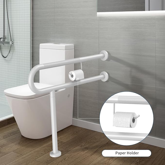 Toilet Grab Bar with Leg 31.5x28 Inch, ZUEXT White Knurled Toilet Support Bar with Toilet Paper Holder,Stainless Steel Wall & Floor Mounted Bathroom Support Rail for Seniors Elderly Disabled Pregnant