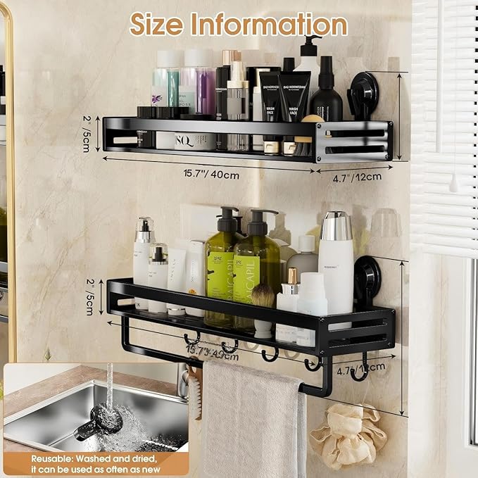 Suction Cup Shower Caddy, 15.7 inch Extended Version, 5 Hooks & Towel Rrack, No Drilling Required, Rust-resistant Bathroom Shower Organizer,with 2 Extra Suction Cups for Replacement Use(2Pack-Black)