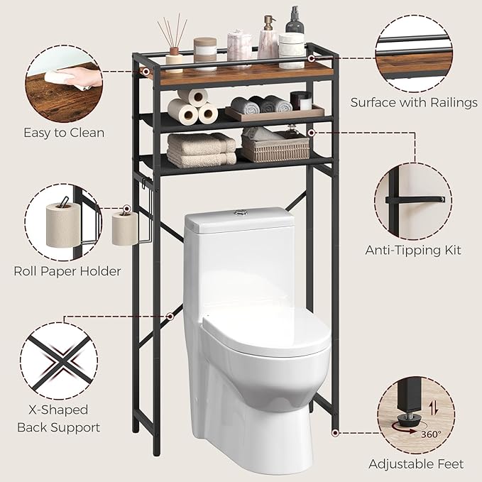MAHANCRIS Over Toilet Storage, 3-Tier Bathroom Organizer Shelf with Toilet Paper Holder, Freestanding Space Saver Bathroom Shelves Above Toilet for Bathroom, Laundry Room, Rustic Brown TSHR1201