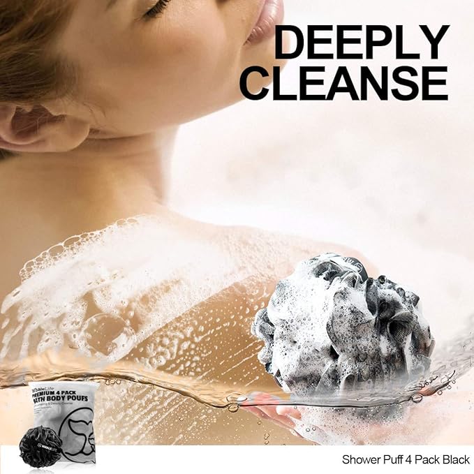 WhaleLife Loofah Bath Sponges - Black Gentle Exfoliating Shower Loofah for Rich Lather, Durable Mesh Body Scrubber for Men & Women 4 Pack