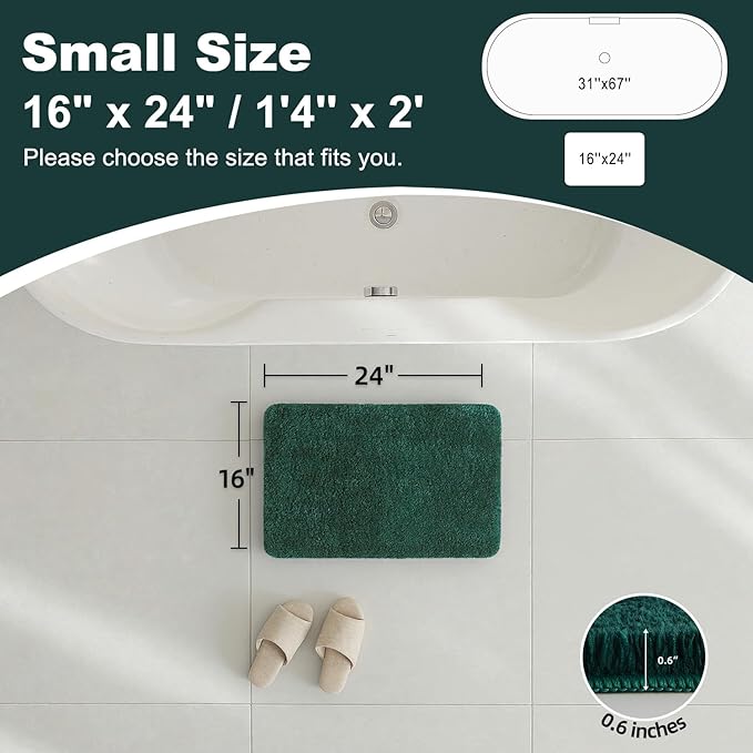 TYUU Bathroom Rugs Non Slip Washable, Ultra Soft Super Absorbent Quick Dry Small Bath Mat with Rubber Backing for Bathroom Floor, Shower, or Sink, Dark Green 16" x 24"