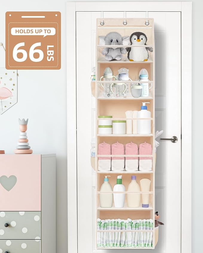 STORAGE MANIAC Over the Door Organizer 6-Shelf Closet Hanging Storage with 14 Mesh Pockets, 66lbs Capacity Clear Deep Pockets Behind Door Storage for Nursery, Bathroom, Bedroom, 1 Pack Oat Beige