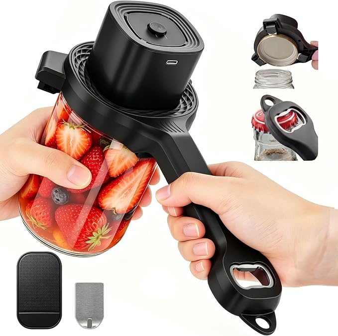 Electric Jar Opener for Seniors with Arthritis, TFCC & Weak Hands, Patented Power-Grip Auto-Tighten Manual Lid Opener, Rechargeable 2-in-1 Jar & Bottle Opener with Storage Hook & Non-Slip Pad(Black)